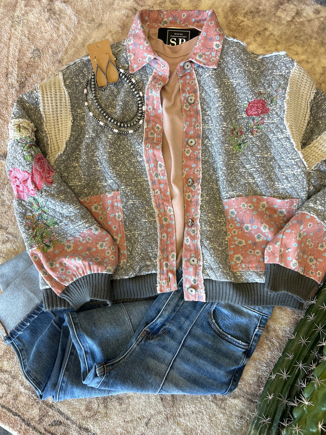 Quilted Floral Jacket Grey