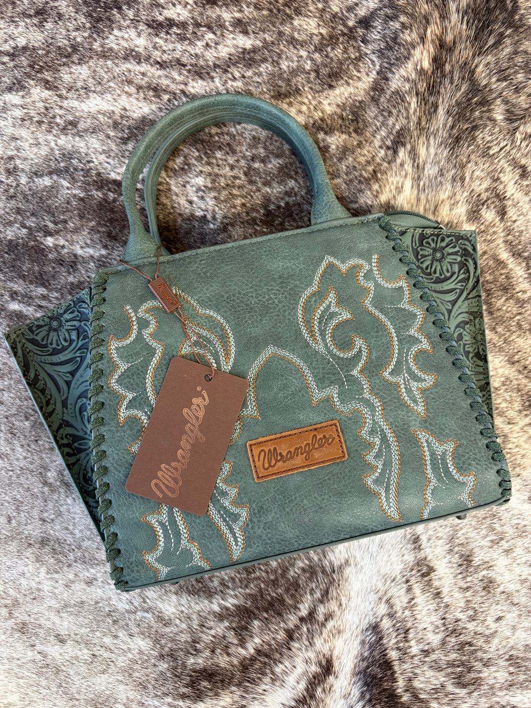 Green Embroidered Trapezoid Crossbody Tote
