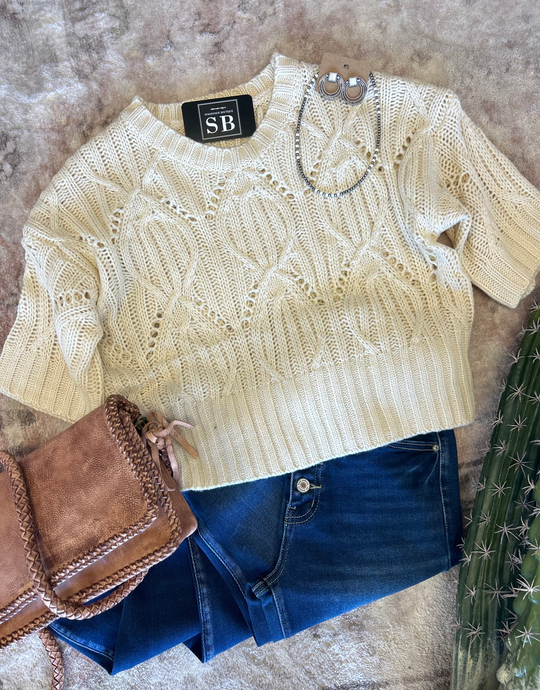 Cream 3/4 Sleeve Knit Sweater