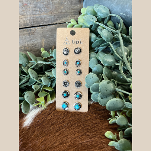 Six small turquoise and silver stud earrings.