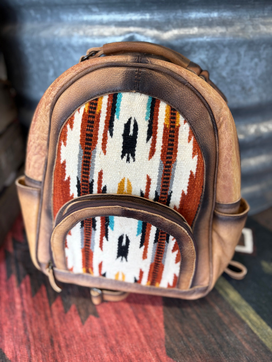 Leather w/ Aztec Print Front Backpack