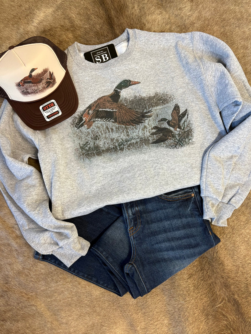 Heather grey mid-weight fleece-lined sweatshirt with retro duck graphic.