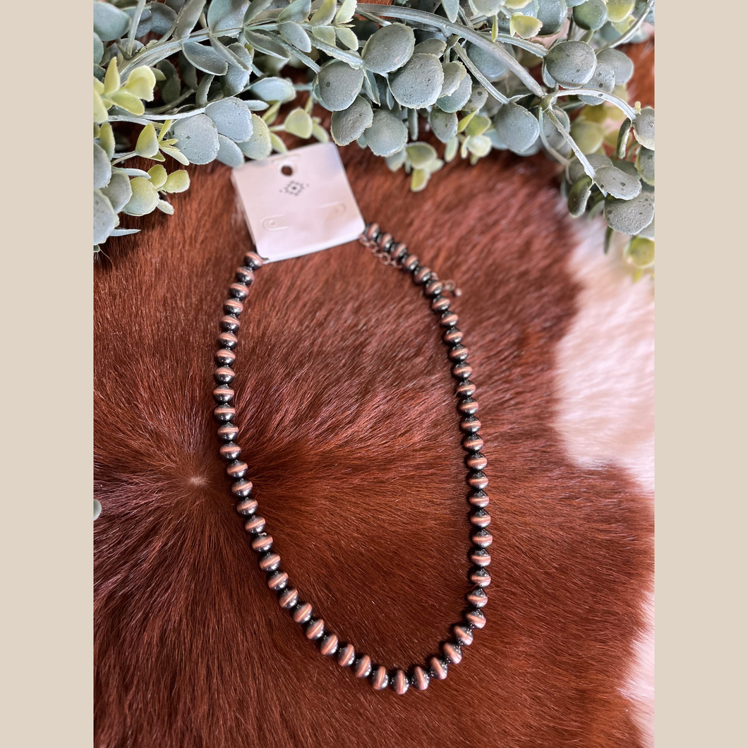 18-inch copper Navajo-style necklace with 8mm pearls.