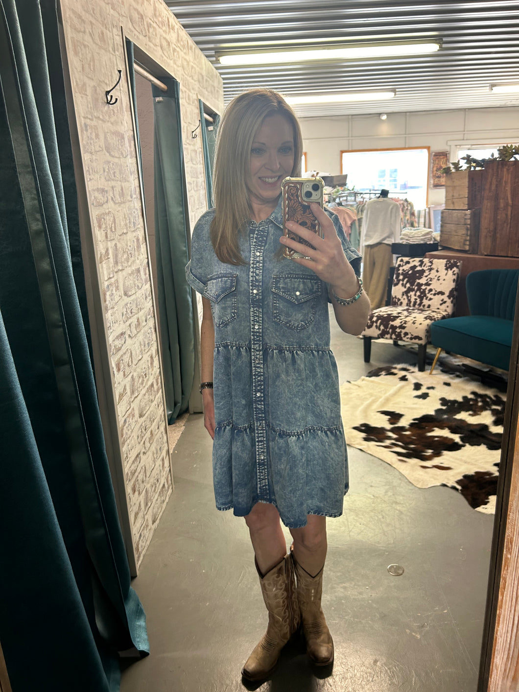 Washed Denim Snapfront Dress