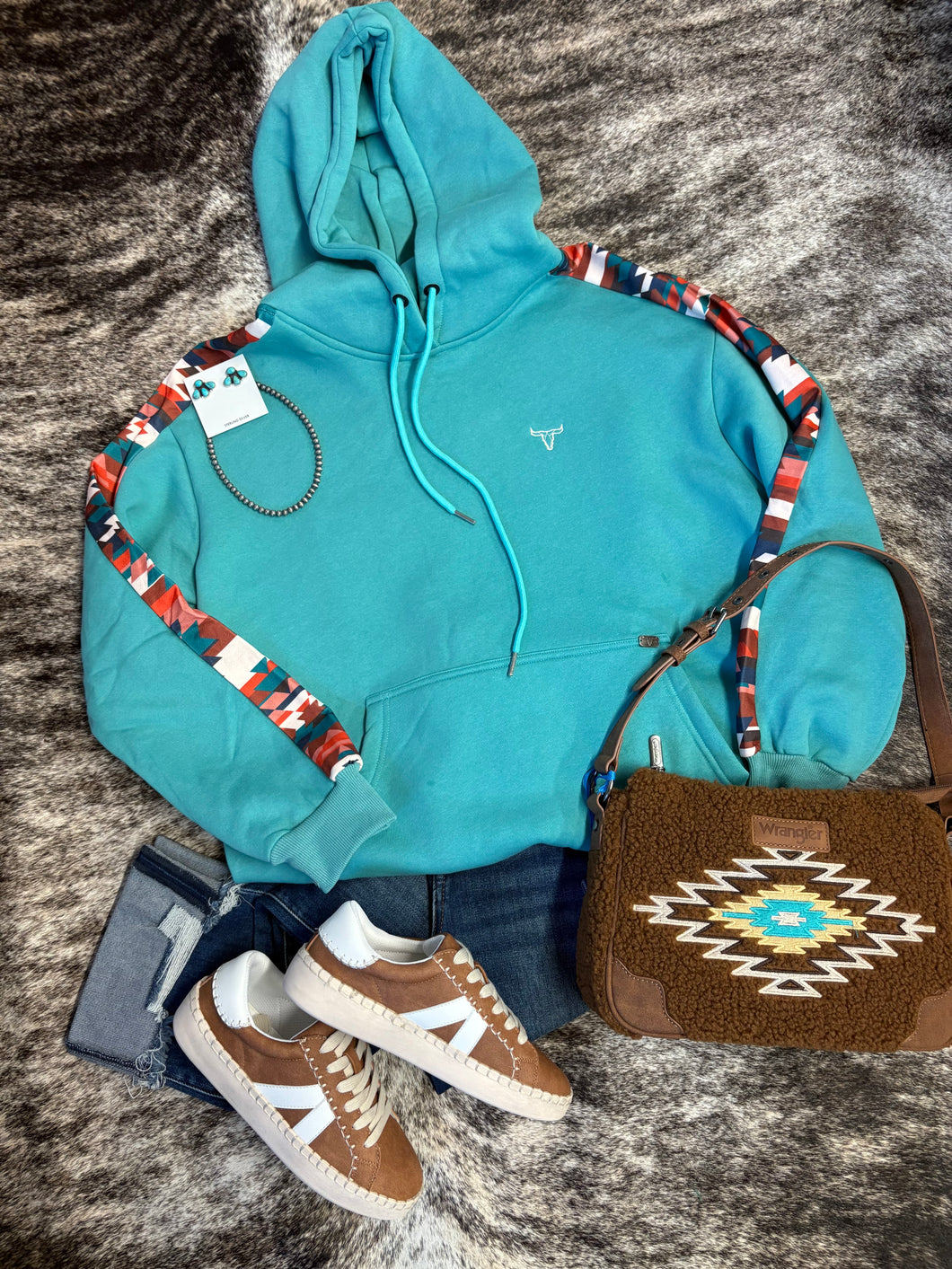 Teal Aztec Side Panel Hoodie