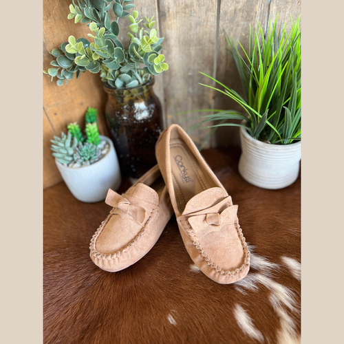 Camel suede flats with bow detail, cushioned footbed, and slip-on style—perfect for everyday wear.