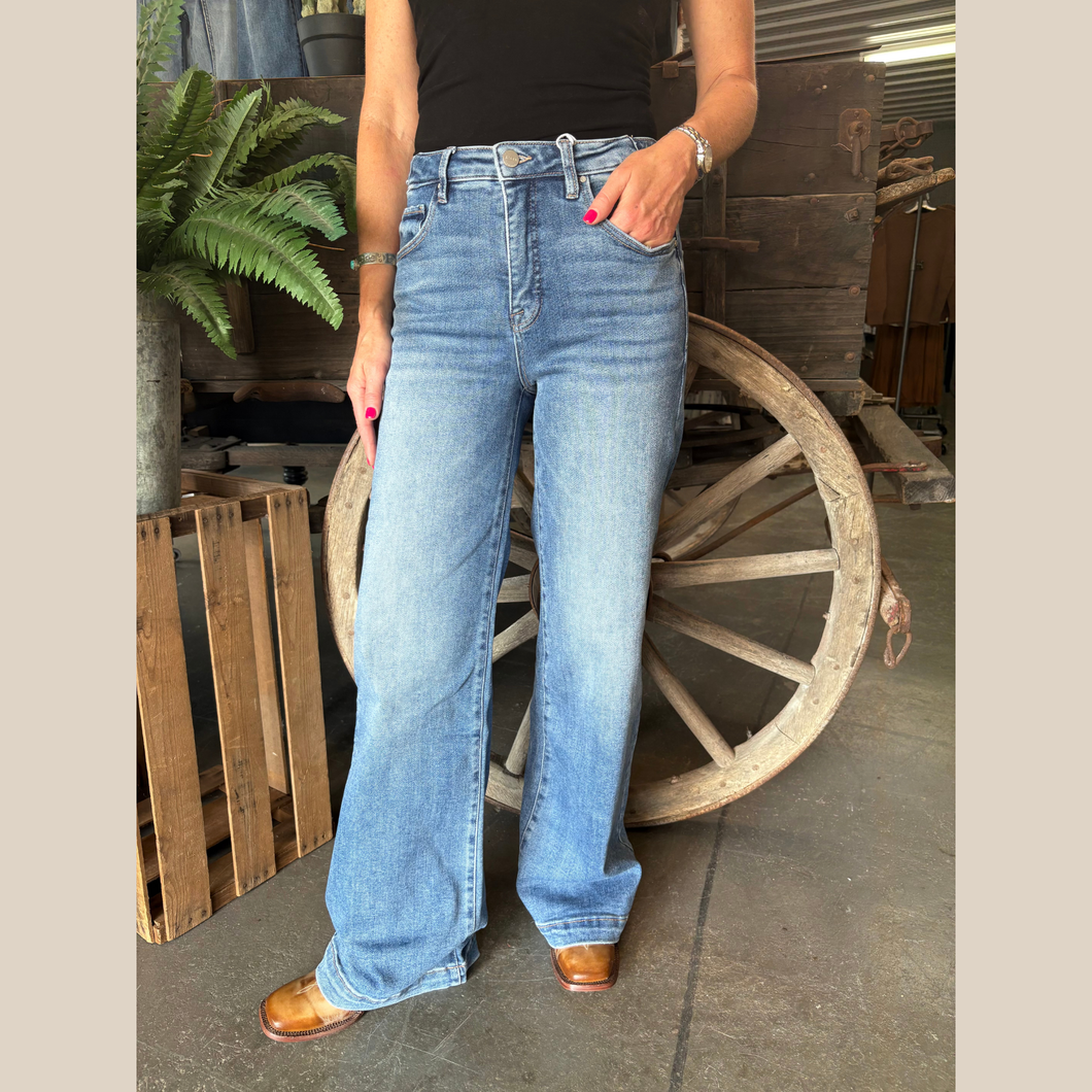 High Rise Adjustable Waist Wide Leg Denim