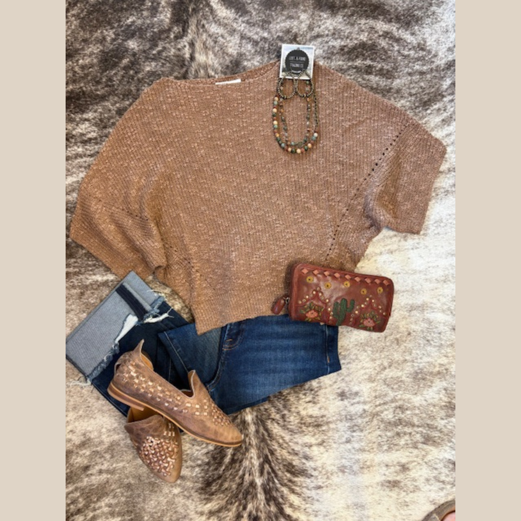 Saddle Ridge Knit Sweater in warm brown with relaxed fit and lightweight knit design.