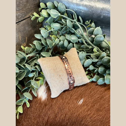 Copper and semi-stone stretch bracelet with Aztec print design.