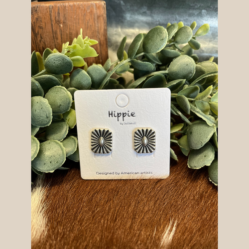 Pair of square silver concho stud earrings.