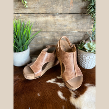 Load image into Gallery viewer, Carley wedge with faux leather upper, cork platform, and 3-inch heel—stylish comfort for all-day wear.
