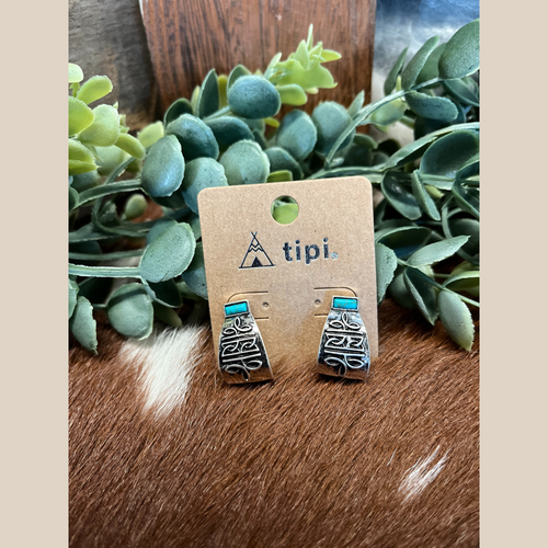 Pair of western metal earrings featuring boot stitch pattern and turquoise stone at the top.