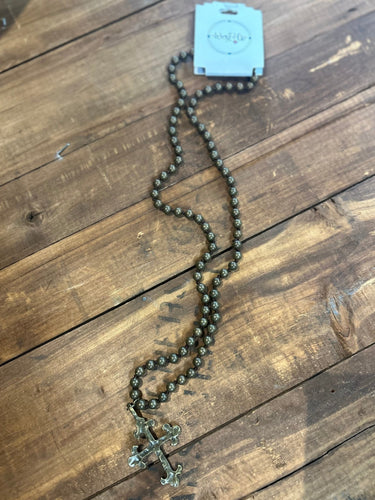 Burnished Gold Bead Necklace w/ Cross - Stagecoach Boutique