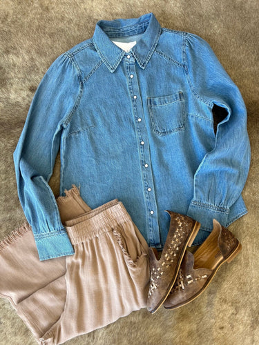 Denim Shirring Sleeve Shirt - Stagecoach Boutique