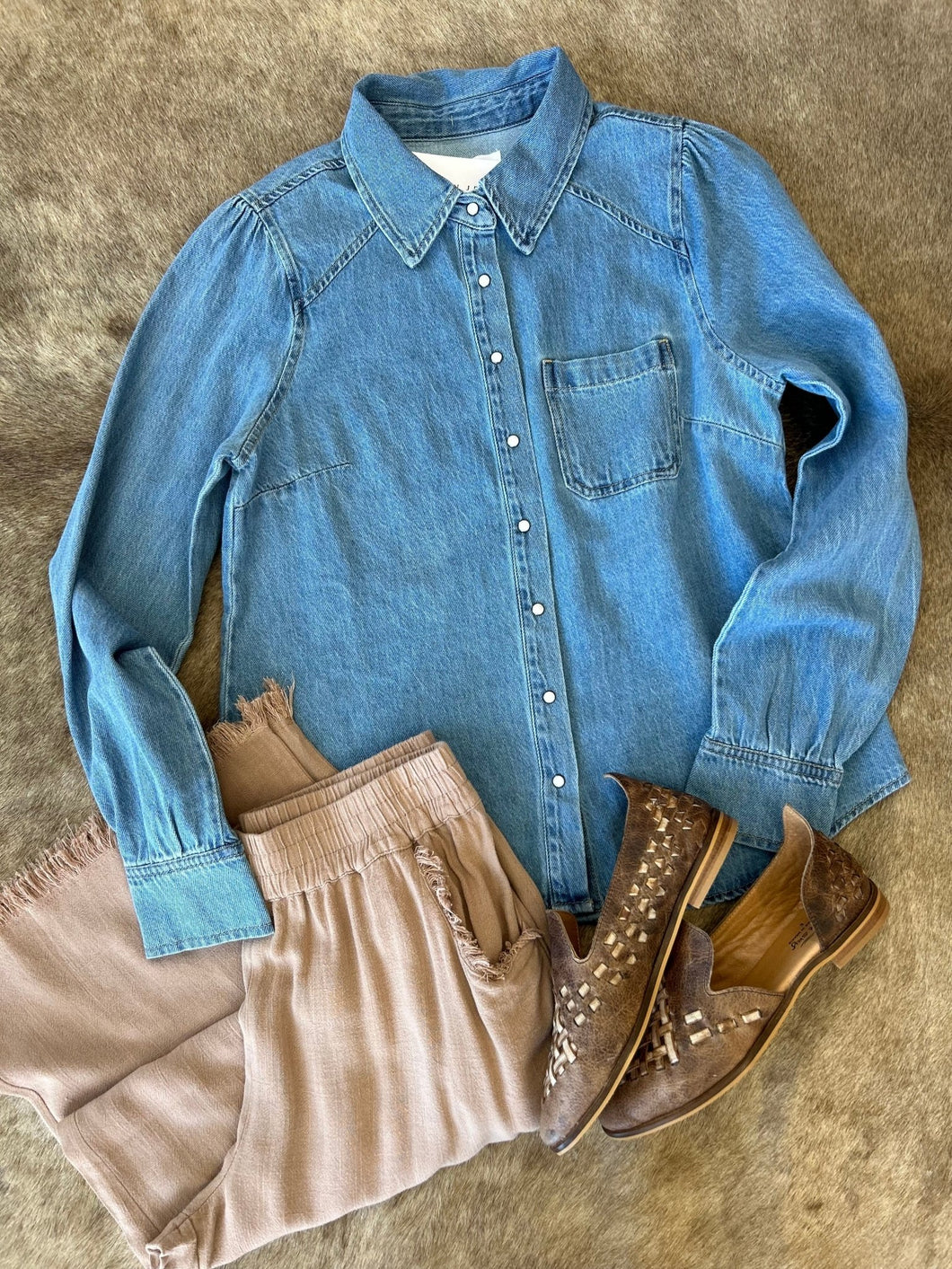 Denim Shirring Sleeve Shirt - Stagecoach Boutique