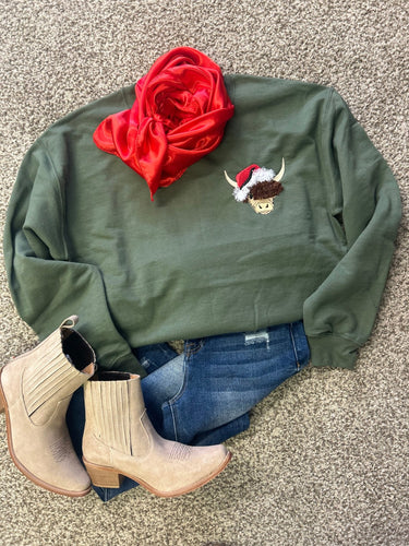 Fuzzy Highland Cow Santa Sweatshirt - Stagecoach Boutique