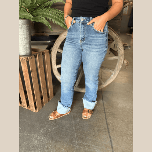 Medium Wash High Rise Straight Cuffed Jean - Stagecoach Boutique